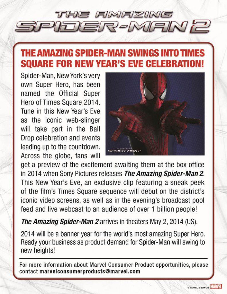 The Amazing Spider-Man Swings into Times Square for New Year’s Eve Celebration as the Official Super Hero of Times Square 2014 on Times Square’s Video Screens, World Pool Feed and Live Webcast