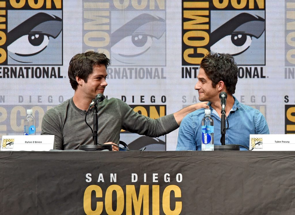SAN DIEGO, CA - JULY 20:  Actors Dylan O'Brien (L) and Tyler Posey speak onstage at the "Teen Wolf" panel during Comic-Con International 2017 at San Diego Convention Center on July 20, 2017 in San Diego, California.  (Photo by Kevin Winter/Getty Images)